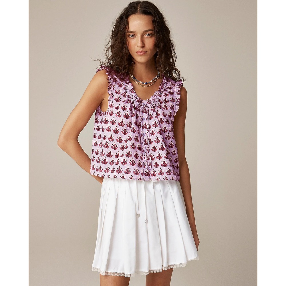 J.Crew Ruffle Trim Button-Up Top Purple Floral Block Print Size XXL
